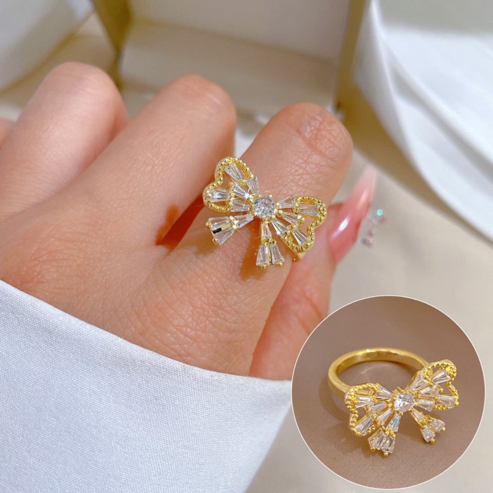 3/$35 Gold Plated Bow Knot Ring with Cubic Zirconia Crystal Adjustable Dainty